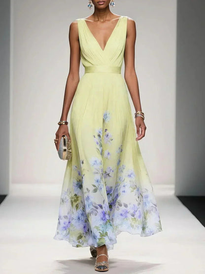 Floral Midi Dress with Deep V Neckline for Women