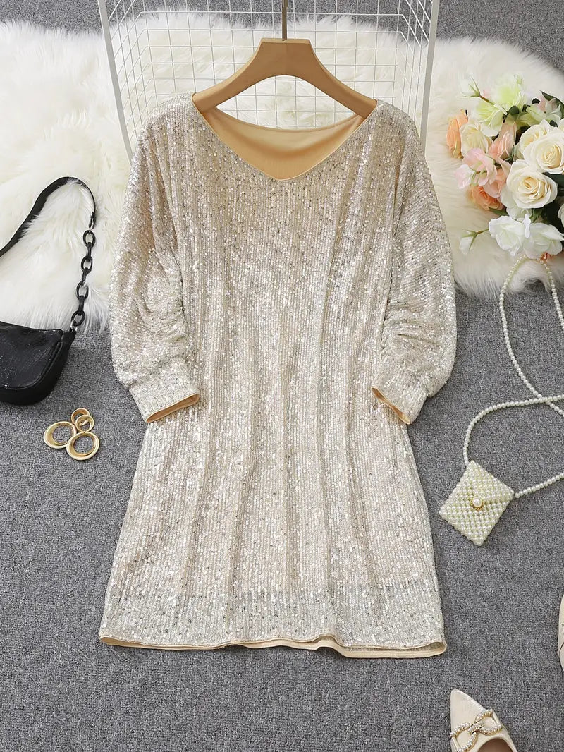 Women's Sequin Party Dress with Slim Fit Silhouette and Long Sleeves