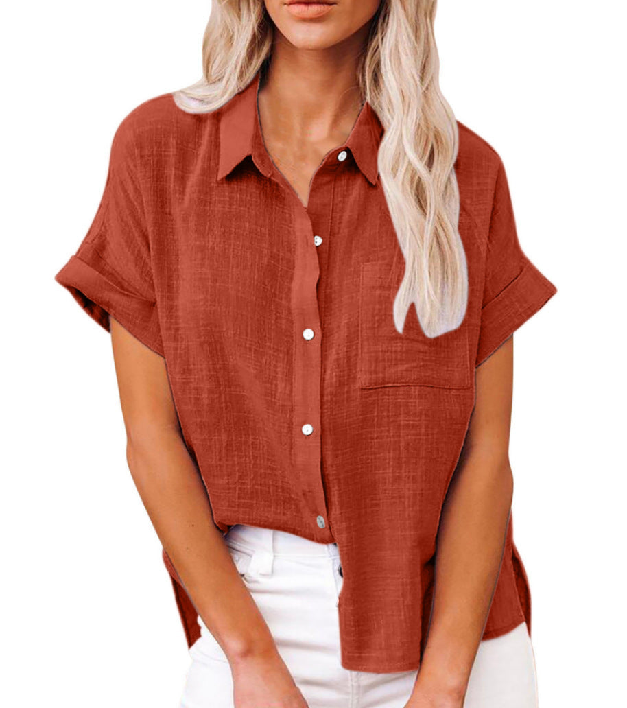 Relaxed Button-Up Short Sleeve Casual Blouse for Women