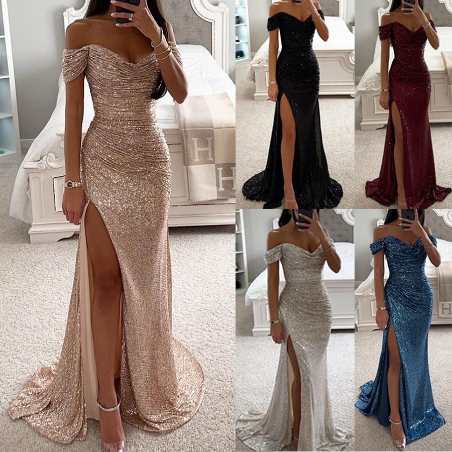 Women’s Off-Shoulder Sequin Evening Gown with High Slit