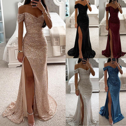 Women’s Off-Shoulder Sequin Evening Gown with High Slit