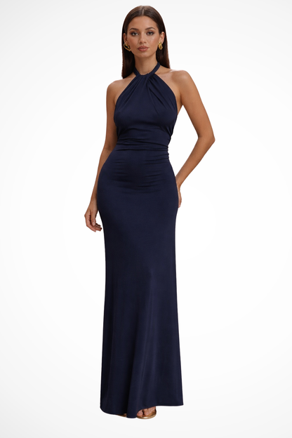 Women’s Backless Halter Maxi Evening Dress with Elegant Fitted Silhouette