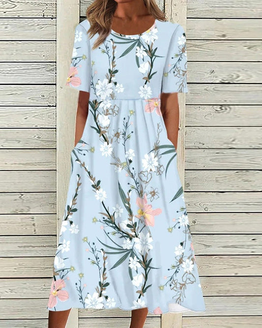 Women's Fresh Floral A-Line Round Neck Midi Dress