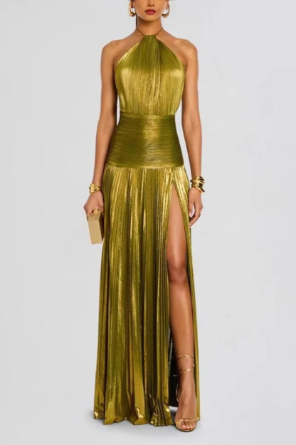 Elegant Halter Neck Satin Wedding Guest Maxi Dress