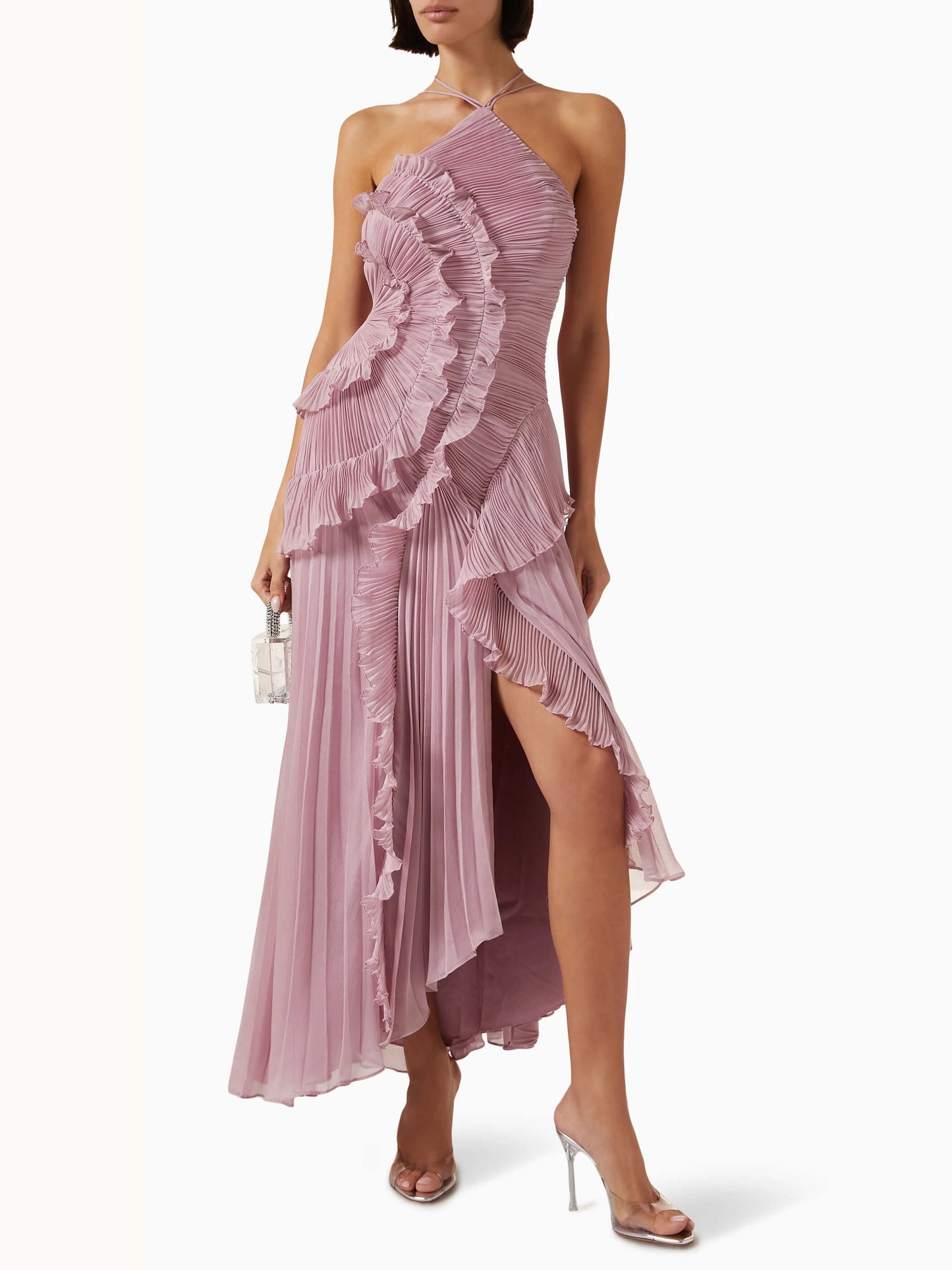 Women’s One-Shoulder Ruffle Maxi Dress with Pleated Details