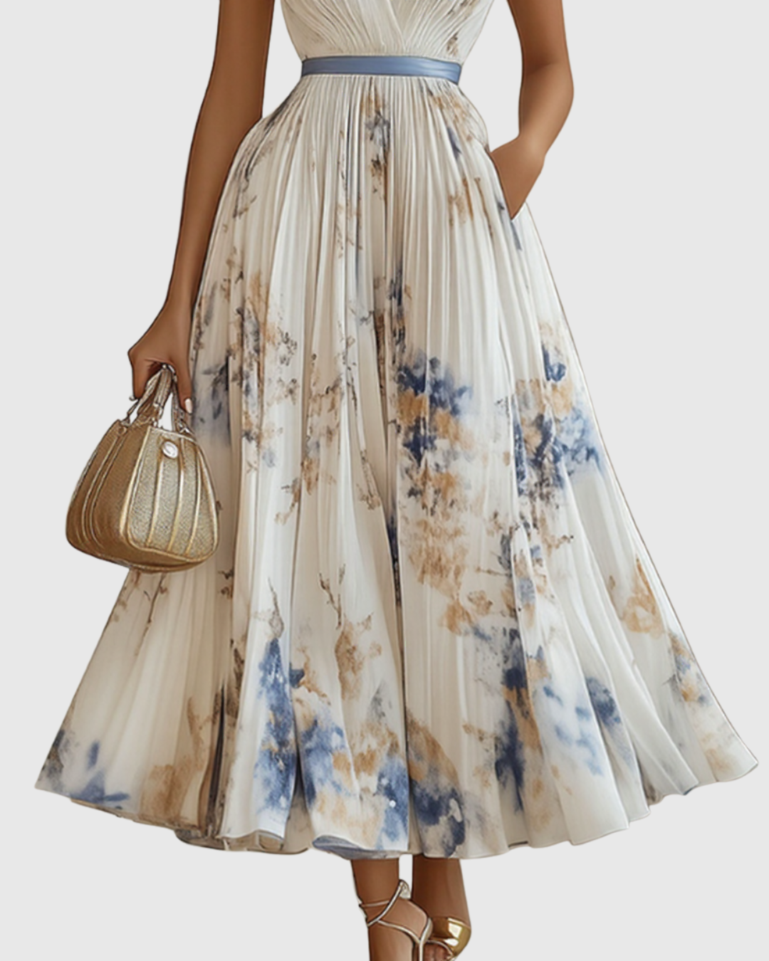 Pleated Maxi Dress with Long Sleeves for Women