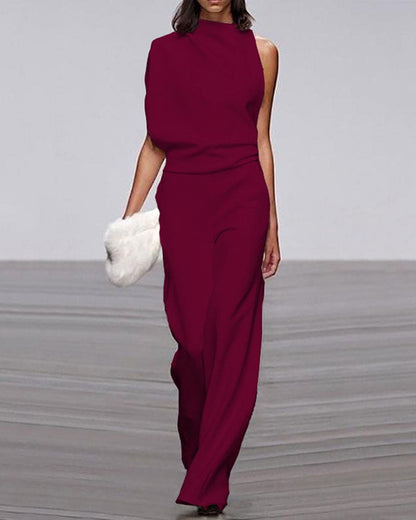 One-Shoulder High Neck Wide-Leg Evening Jumpsuit