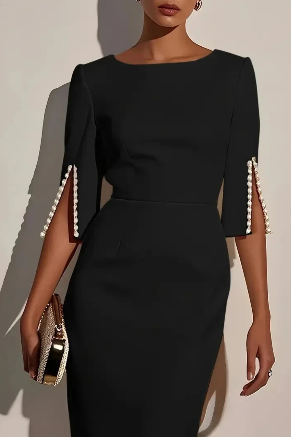 Women’s Elegant Pearl Sleeve Midi Dress for Office Formal Occasions