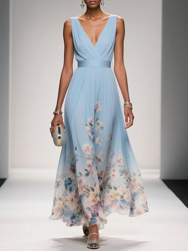 Floral Midi Dress with Deep V Neckline for Women