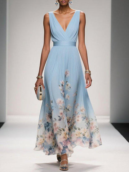 Floral Midi Dress with Deep V Neckline for Women