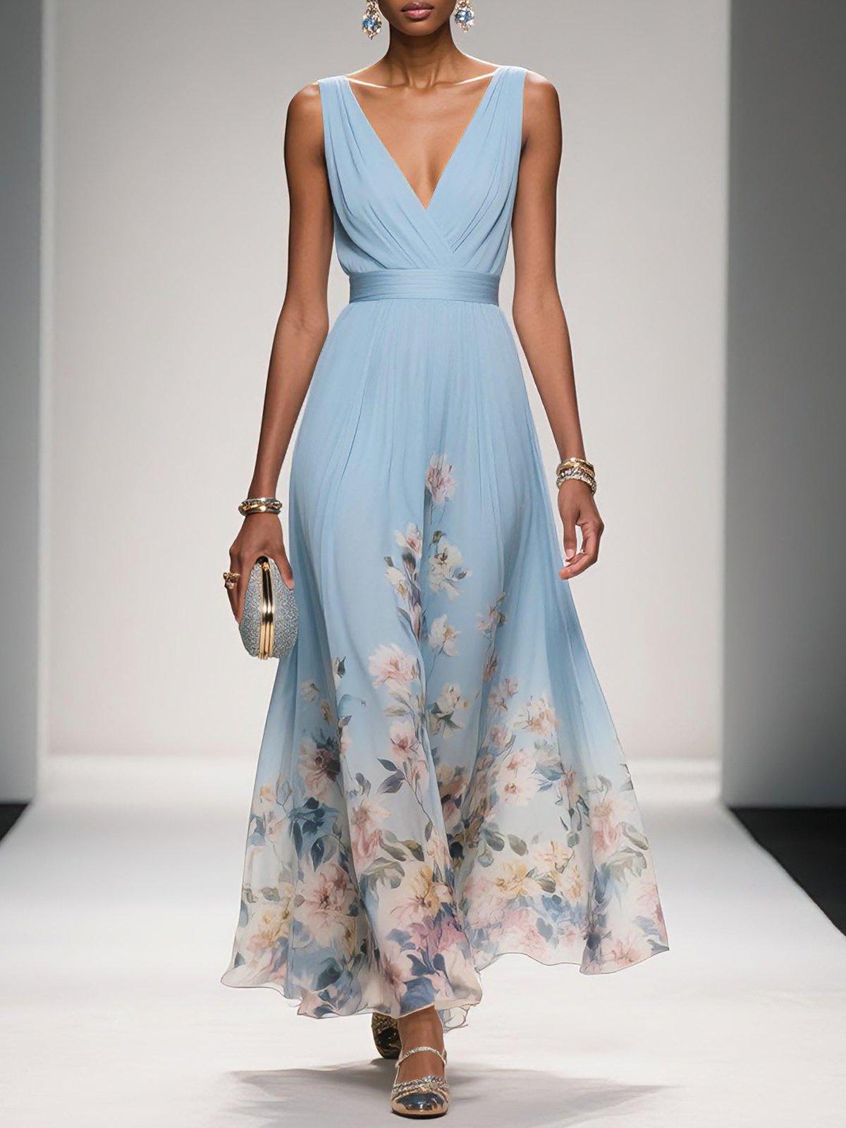 Floral Midi Dress with Deep V Neckline for Women