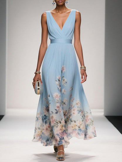 Floral Midi Dress with Deep V Neckline for Women