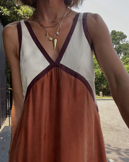 Women’s Contrast Trim Maxi Dress with Deep V-Neckline