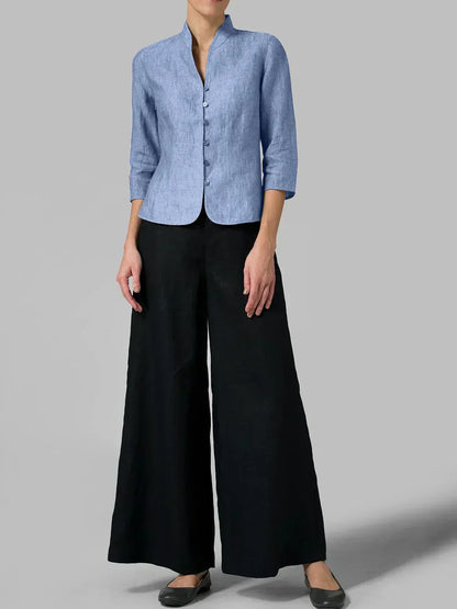 Women’s Minimalist Button Front Blouse with 3/4 Sleeves