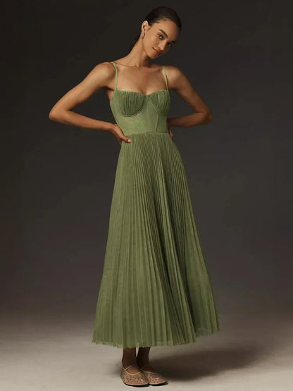 Elegant Pleated Bustier Dress with Thin Straps