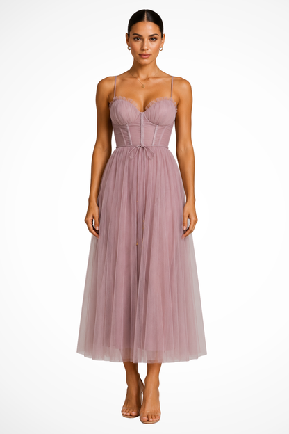 Women’s Layered Tulle Midi Dress with Sweetheart Bodice
