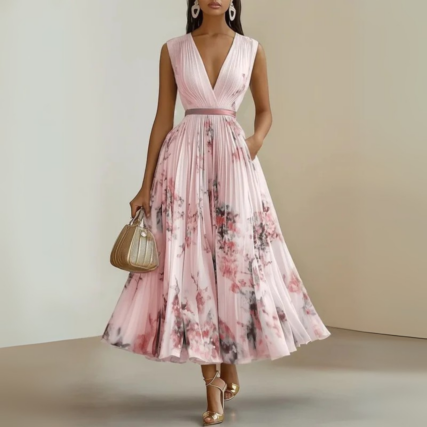Women’s Elegant Floral Pleated Midi Dress
