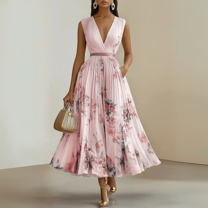 Women’s Elegant Floral Pleated Midi Dress