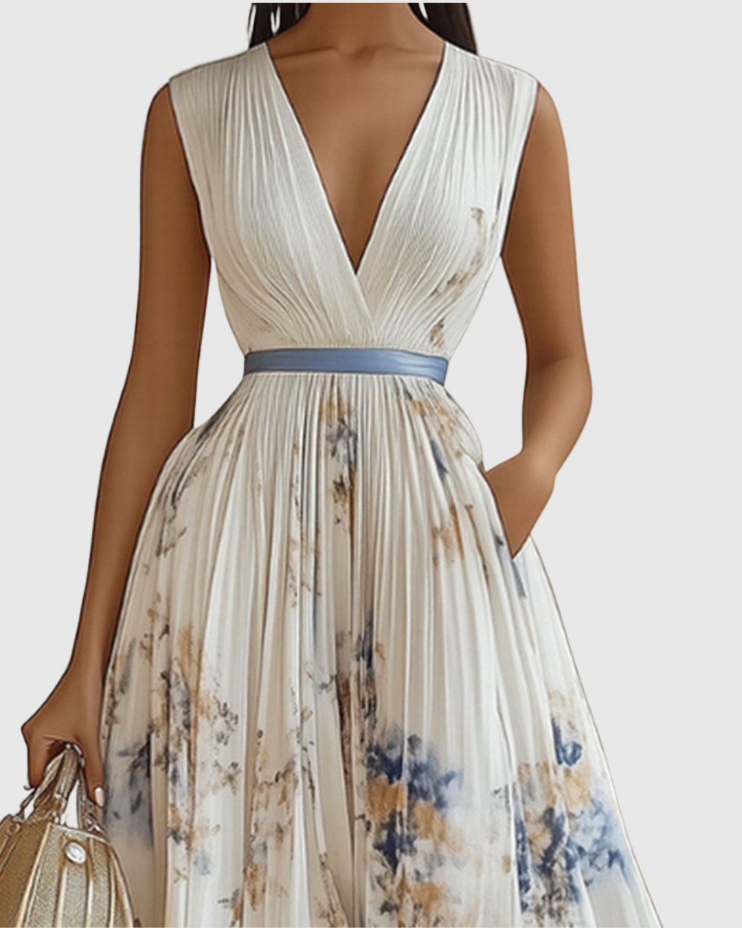 Pleated Maxi Dress with Long Sleeves for Women