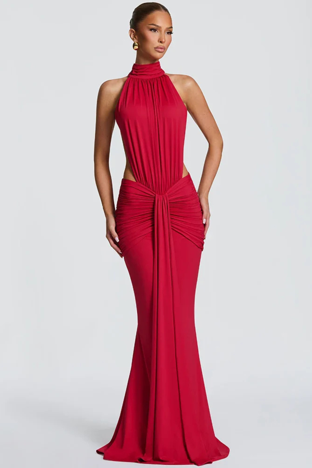 Women’s Backless Halter Neck Ruched Maxi Dress