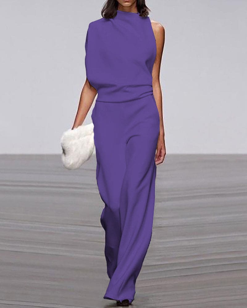 One-Shoulder High Neck Wide-Leg Evening Jumpsuit