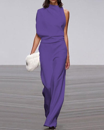 One-Shoulder High Neck Wide-Leg Evening Jumpsuit