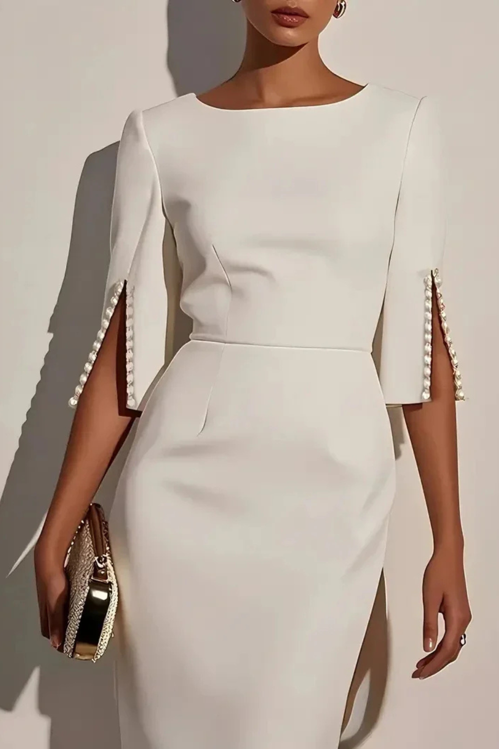 Women’s Elegant Pearl Sleeve Midi Dress for Office Formal Occasions