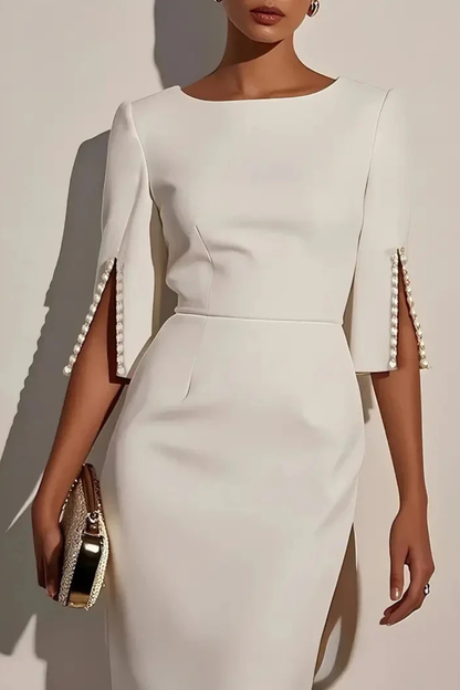Women’s Elegant Pearl Sleeve Midi Dress for Office Formal Occasions