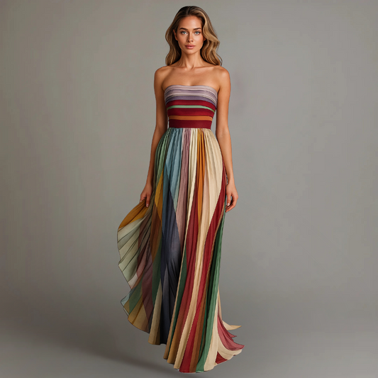 Women's Strapless Fitted Bodice Pleated Panel Maxi Dress
