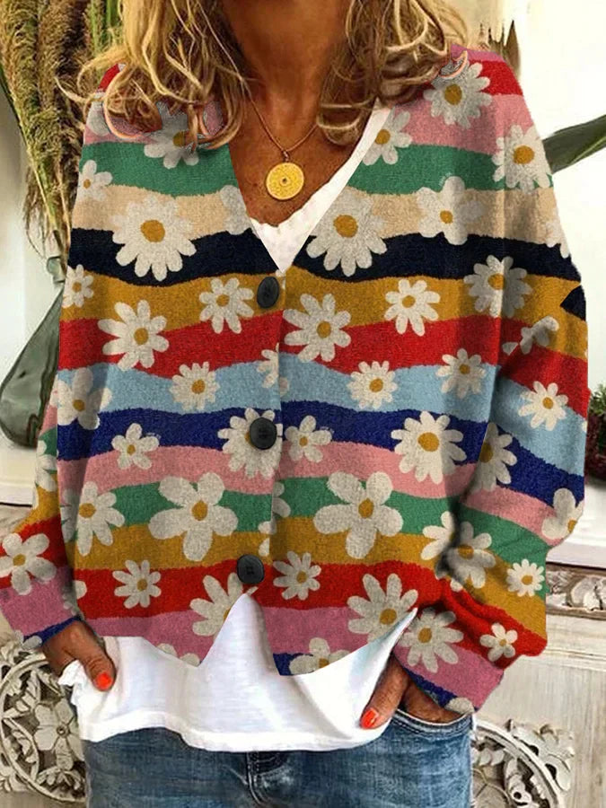 Floral Stripe Button-Up Cardigan with Relaxed Fit