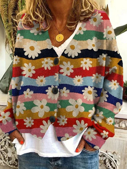 Floral Stripe Button-Up Cardigan with Relaxed Fit