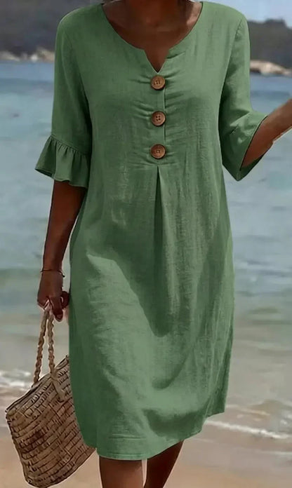 Women’s Button-Front Casual Midi Dress with Ruffle Sleeves