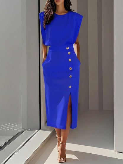 Elegant Sleeveless Midi Dress with Side Slit and Gold Button Detail