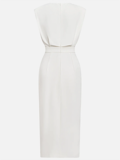 Elegant Sleeveless Midi Dress with Side Slit and Gold Button Detail