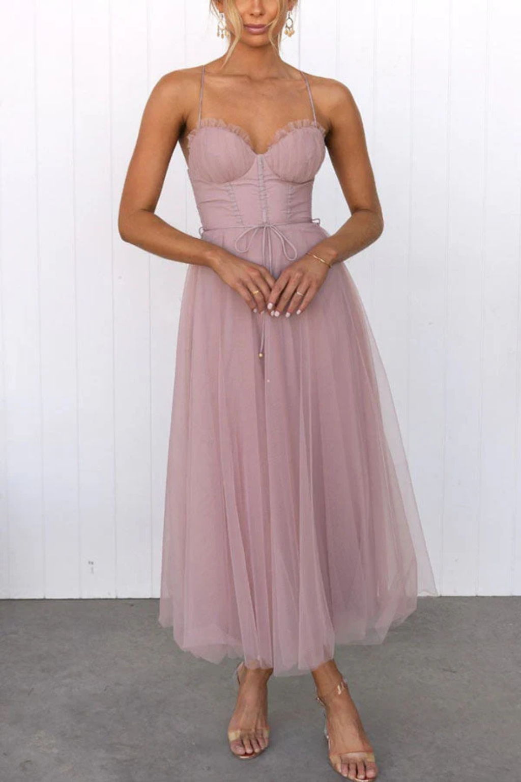 Women’s Layered Tulle Midi Dress with Sweetheart Bodice