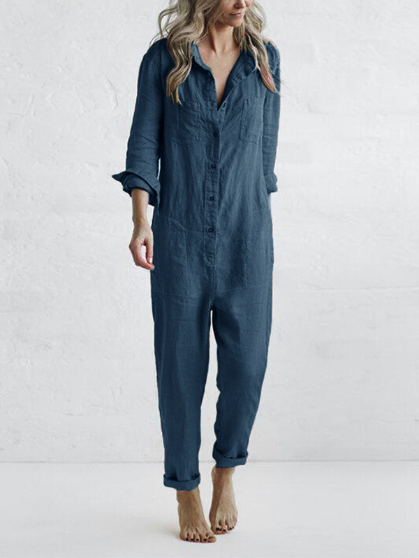 Casual Long Sleeve Button-Up Jumpsuit for Women
