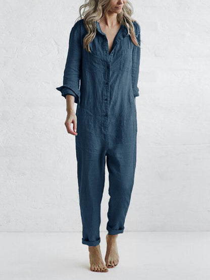 Casual Long Sleeve Button-Up Jumpsuit for Women