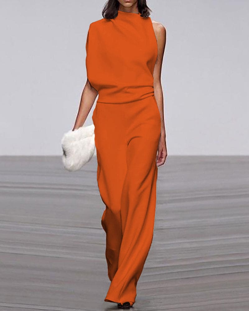 One-Shoulder High Neck Wide-Leg Evening Jumpsuit