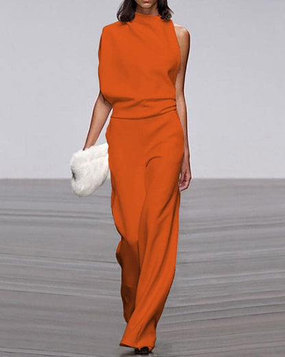 One-Shoulder High Neck Wide-Leg Evening Jumpsuit
