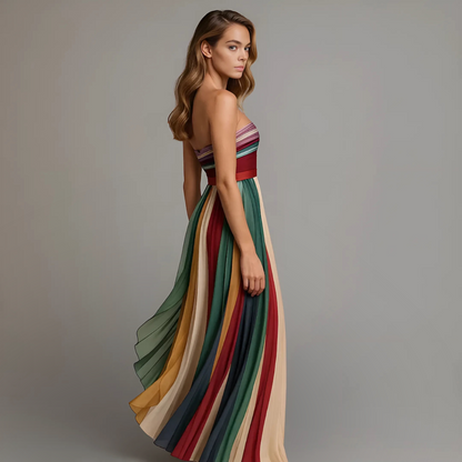 Women's Strapless Fitted Bodice Pleated Panel Maxi Dress