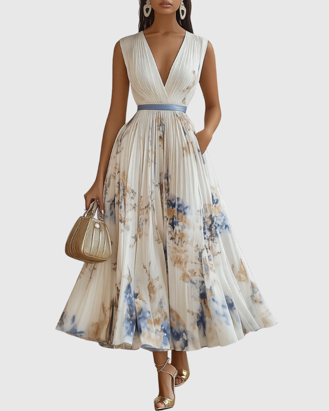 Pleated Maxi Dress with Long Sleeves for Women