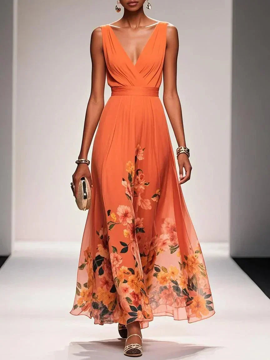 Floral Midi Dress with Deep V Neckline for Women