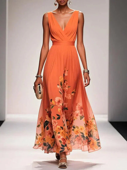 Floral Midi Dress with Deep V Neckline for Women