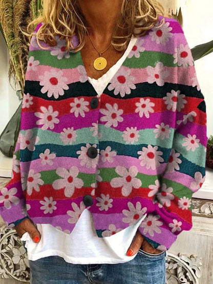 Floral Stripe Button-Up Cardigan with Relaxed Fit
