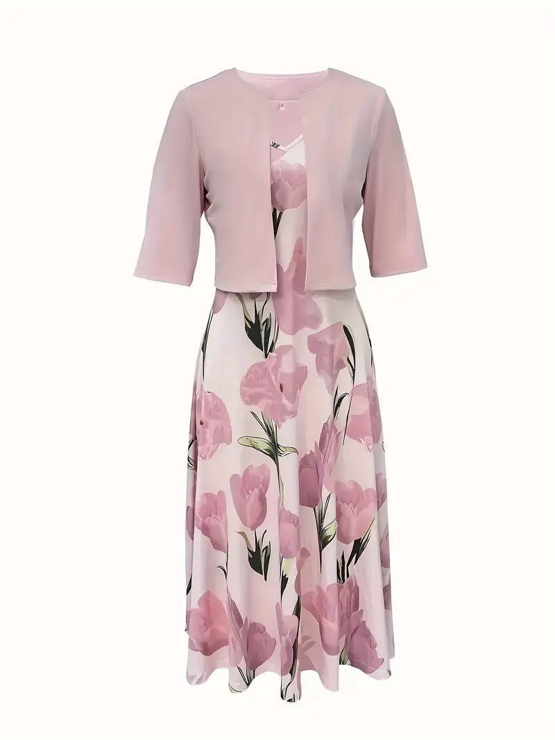 Floral Maxi Dress with Cropped Cardigan Set for Women