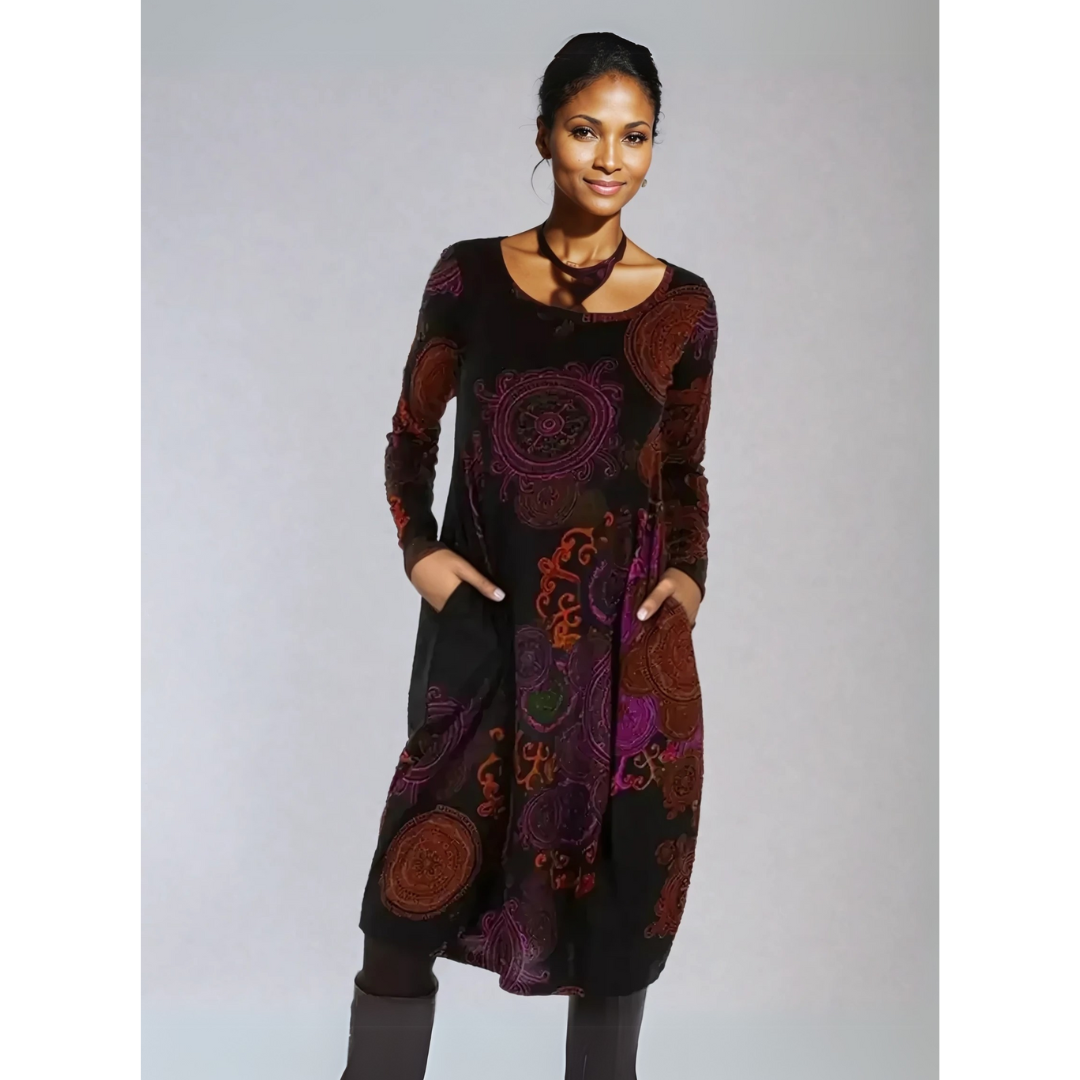 Boho Midi Dress Long Sleeve Floral Printed