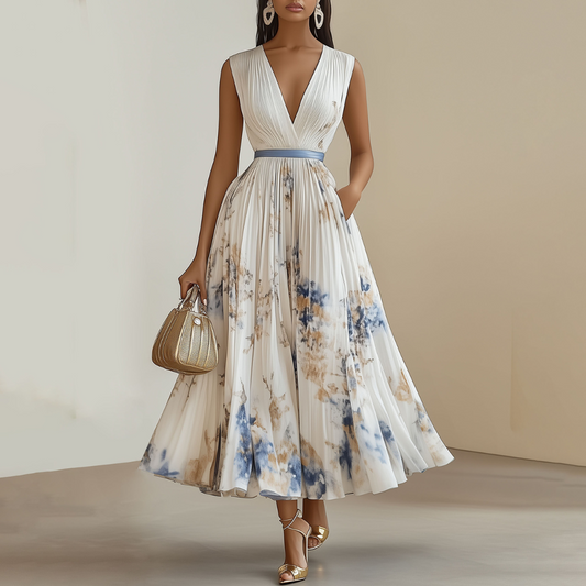 Elegant Floral Maxi Dress with V-Neck and Pleated Skirt