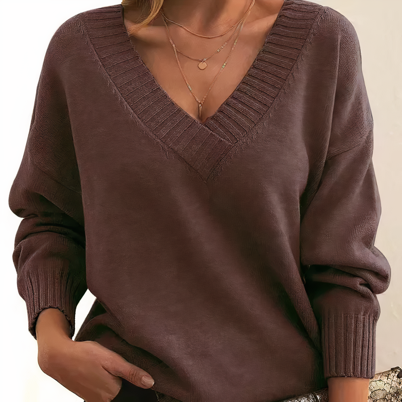 Women’s Relaxed V Neck Long Sleeves Knit Sweater