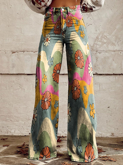 Vintage Floral Print Wide-Leg Pants for Women