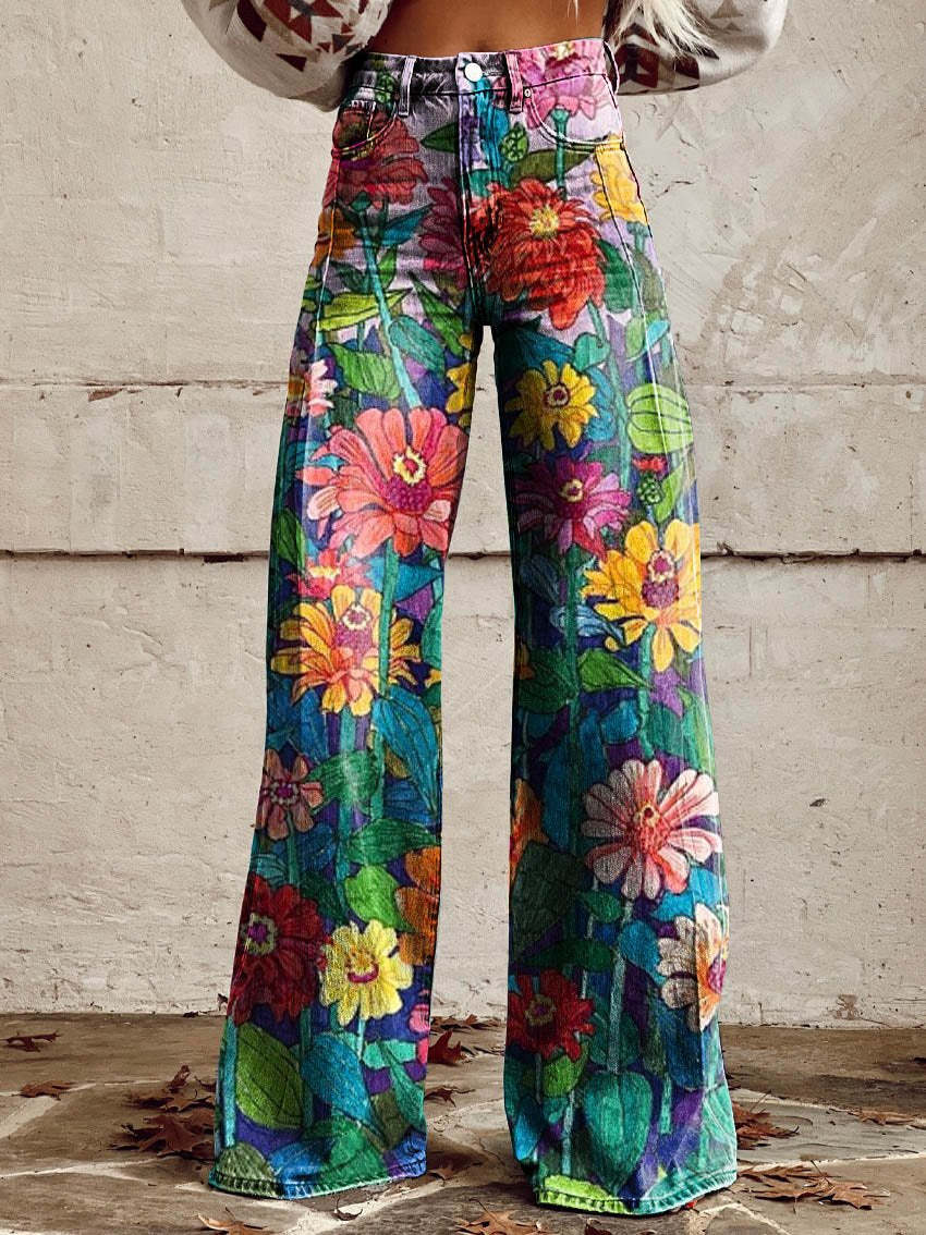 Vintage Floral Print Wide-Leg Pants for Women